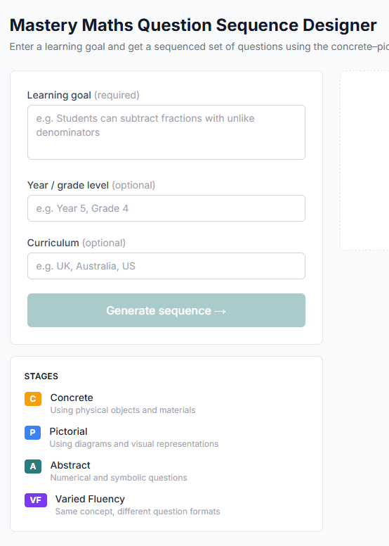 Mastery Maths Question Sequence Designer