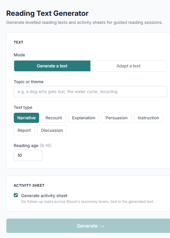 Reading Text Generator